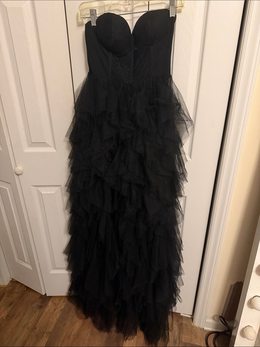 Strapless Black Ruffled Tulle Evening Dress